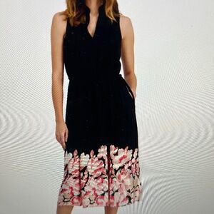 Anne Klein Jenna Floral Hem Black Drawstring-Waist Dress NWT